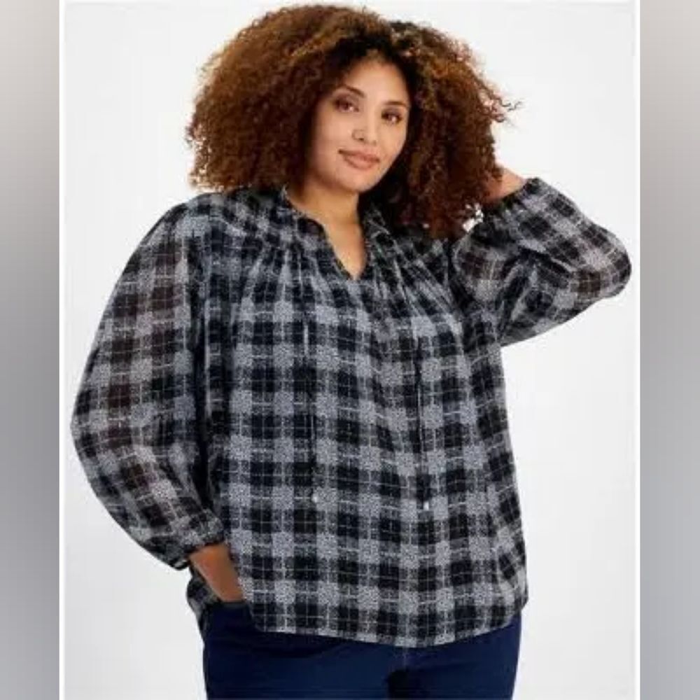 Tommy Hilfiger Black and Gray Plaid Blouse
